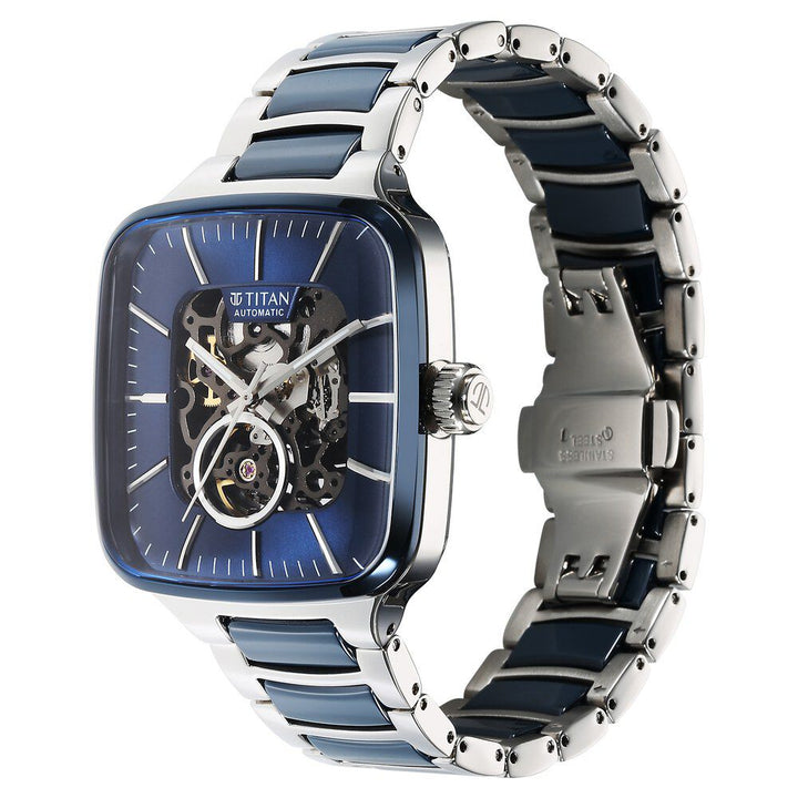 Titan Ceramic Fusion Automatic Square Blue Dial Silver Dual - Toned Stainless Steel Bracelet Watch for Men - The Watch Factory ®