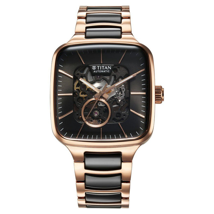 Titan Ceramic Fusion Automatic Square Black Dial Rose Gold Dual-Toned Stainless Steel Bracelet Watch for Men 90175KD03