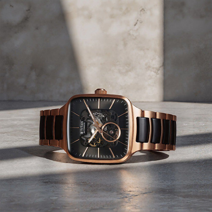 Titan Ceramic Fusion Automatic Square Blue Dial Silver Dual-Toned Stainless Steel Bracelet Watch for Men-NT90175KD03