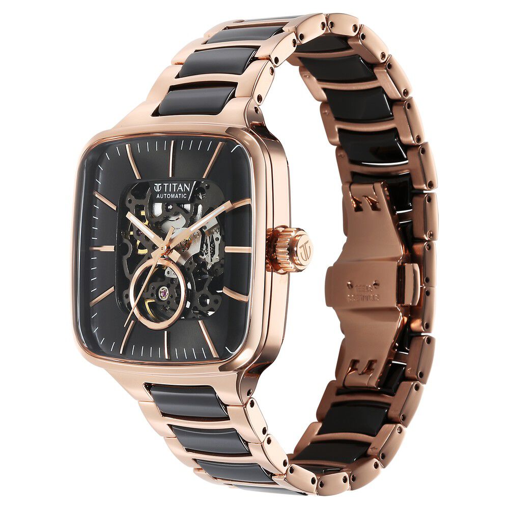 Titan Ceramic Fusion Automatic Square Black Dial Rose Gold Dual-Toned Stainless Steel Bracelet Watch for Men 90175KD03