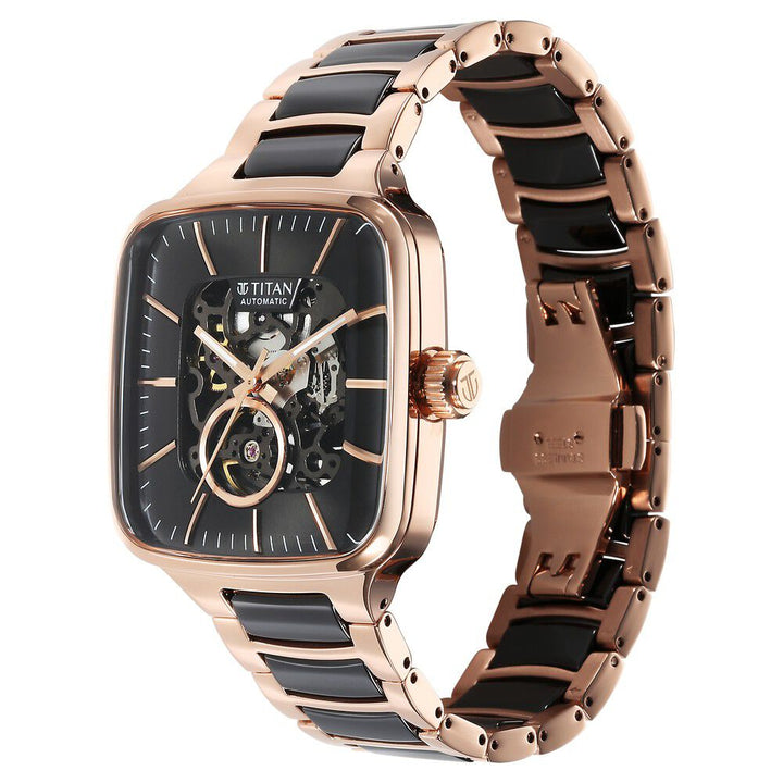 Titan Ceramic Fusion Automatic Square Black Dial Rose Gold Dual-Toned Stainless Steel Bracelet Watch for Men 90175KD03