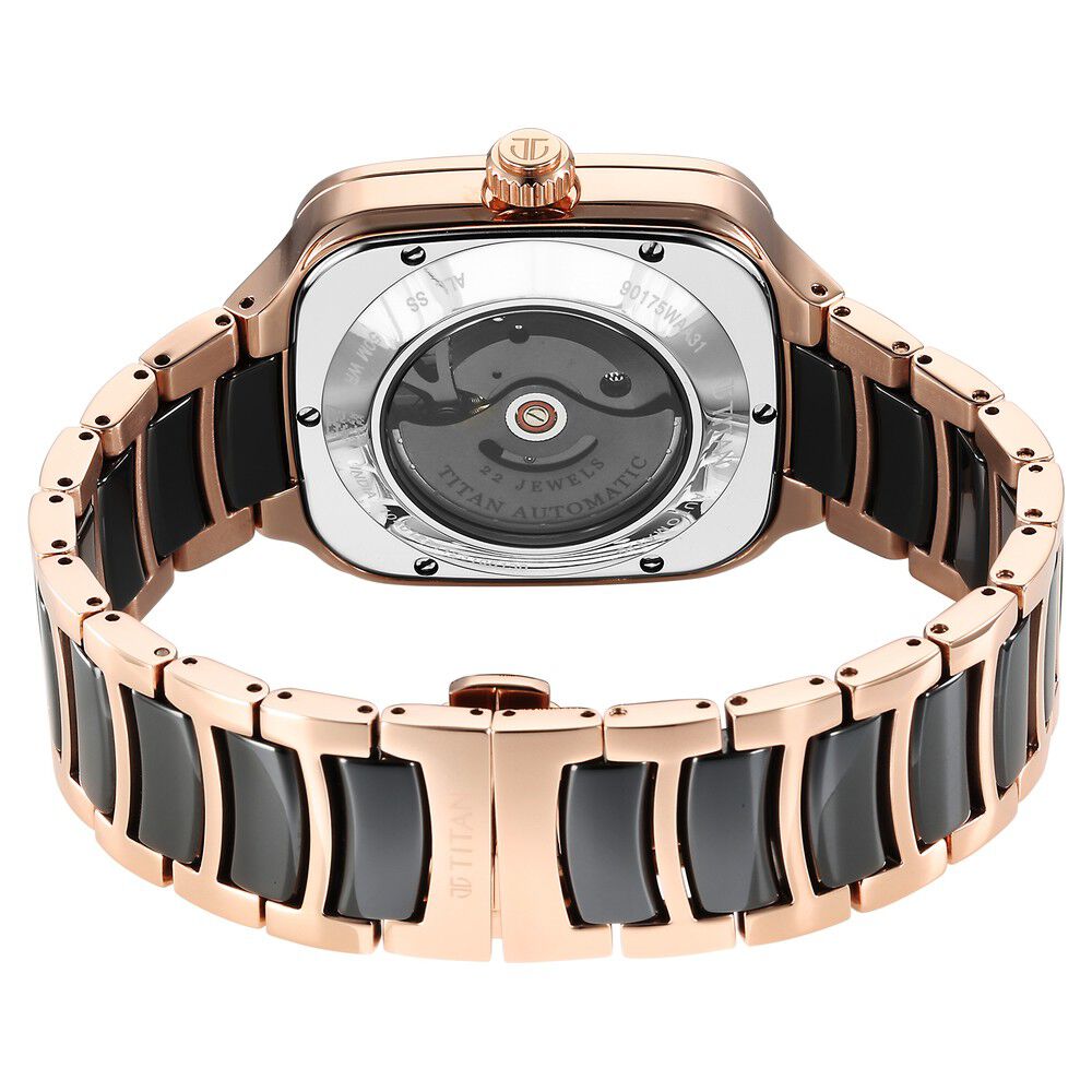 Titan Ceramic Fusion Automatic Square Black Dial Rose Gold Dual-Toned Stainless Steel Bracelet Watch for Men 90175KD03
