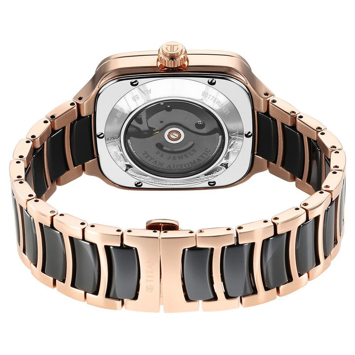 Titan Ceramic Fusion Automatic Square Black Dial Rose Gold Dual-Toned Stainless Steel Bracelet Watch for Men 90175KD03