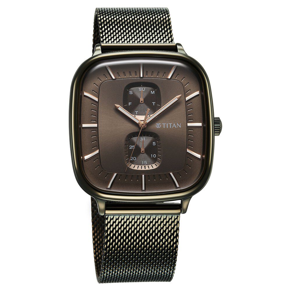 Titan Avant Garde Quartz Multifunction Brown Dial With Green Color Stainless Steel Strap Watch For Men 90178QM02