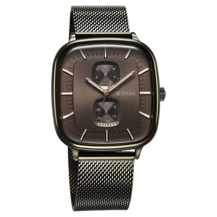 Titan Avant Garde Quartz Multifunction Brown Dial With Green Color Stainless Steel Strap Watch For Men 90178QM02