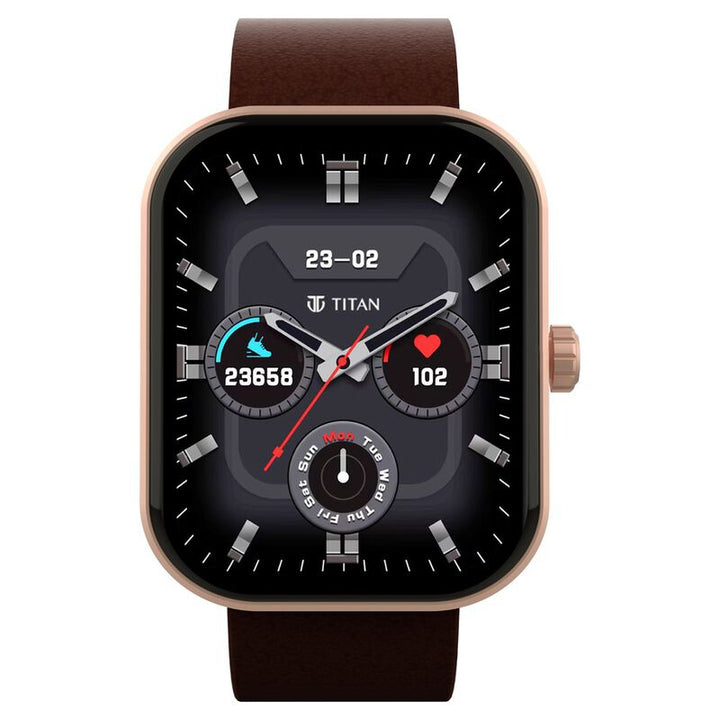 Titan Mirage With 4.97 Cm AMOLED Display And AOD, Functional Crown, BT Calling Smartwatch With Brown Leather Strap