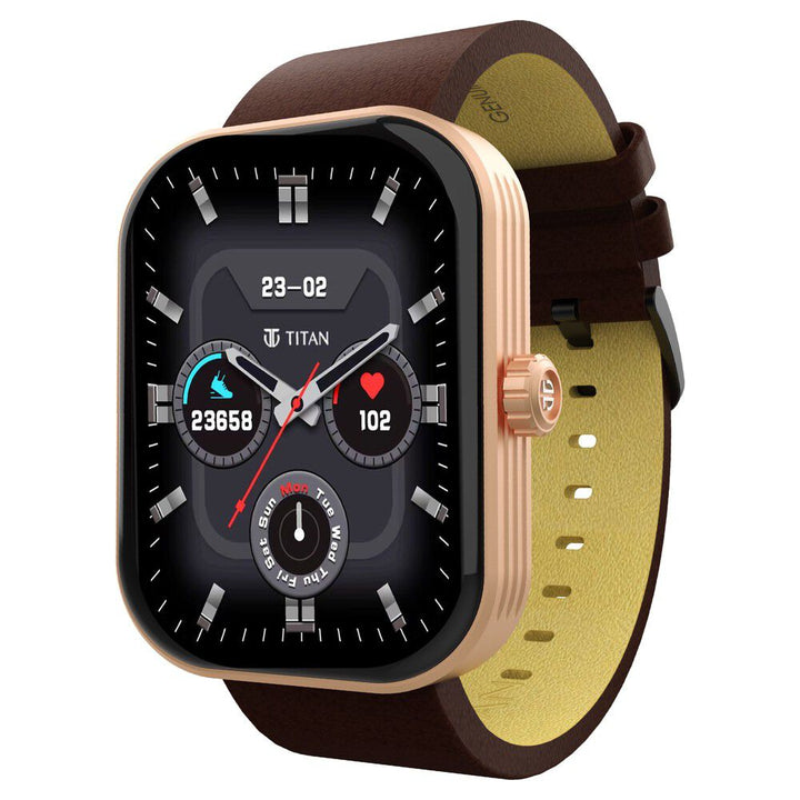 Titan Mirage With 4.97 Cm AMOLED Display And AOD, Functional Crown, BT Calling Smartwatch With Brown Leather Strap