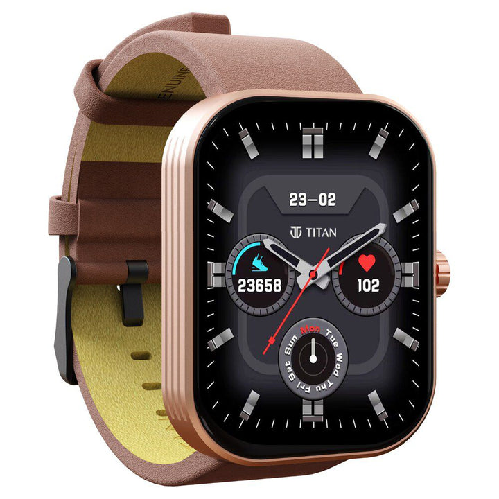 Titan Mirage With 4.97 Cm AMOLED Display And AOD, Functional Crown, BT Calling Smartwatch With Pink Leather Strap