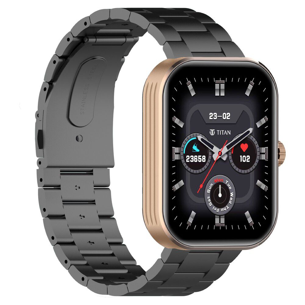 Titan Mirage with 4.97 cm AMOLED Display and AOD, Functional Crown, BT Calling Smartwatch with Black Metal Strap