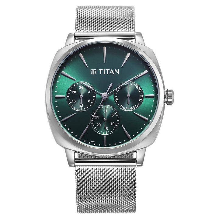 Titan Classique Suave Quartz Green Dial Silver Stainless Steel Mesh Strap Watch for Men - The Watch Factory ®