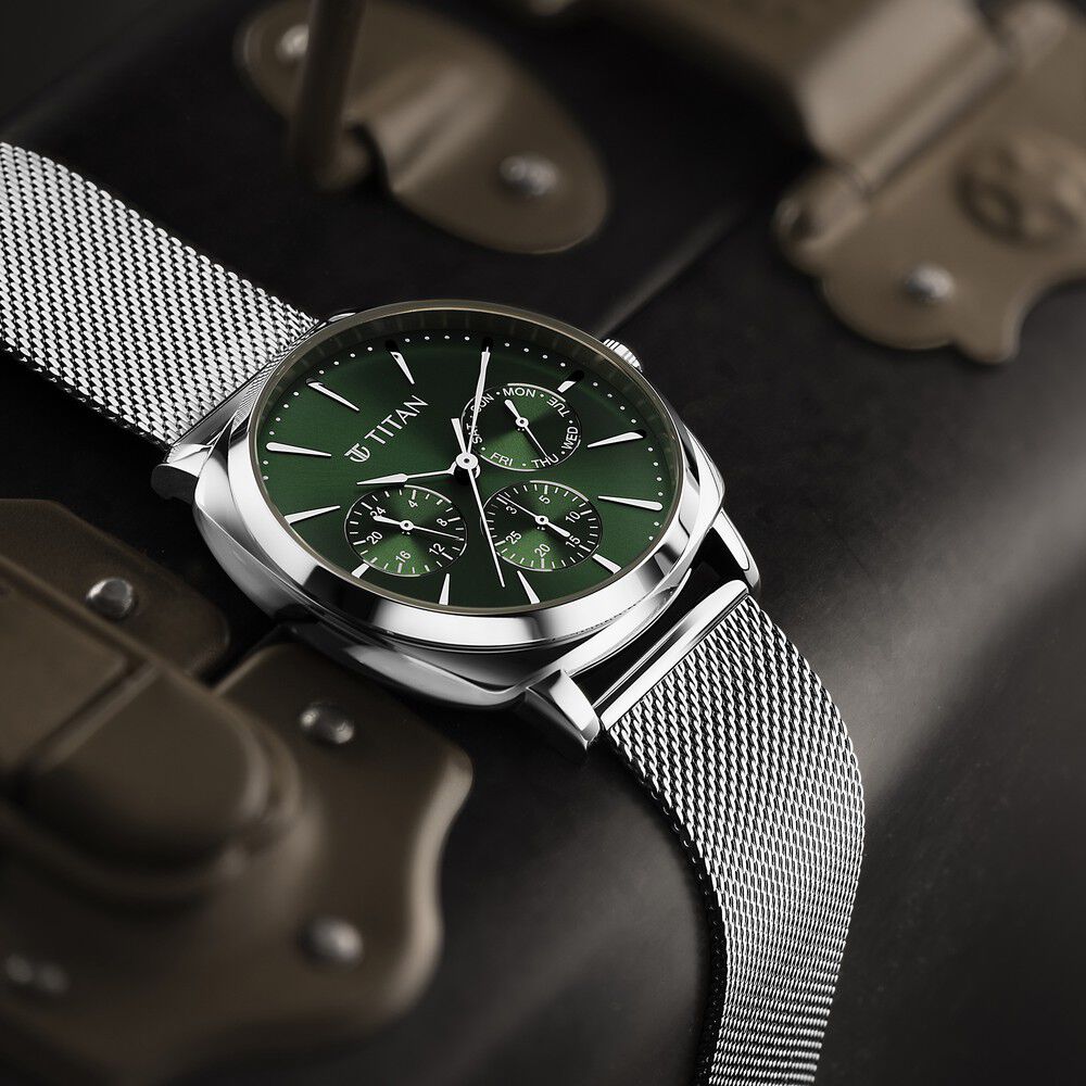 Titan Classique Suave Quartz Green Dial Silver Stainless Steel Mesh Strap Watch for Men - The Watch Factory ®