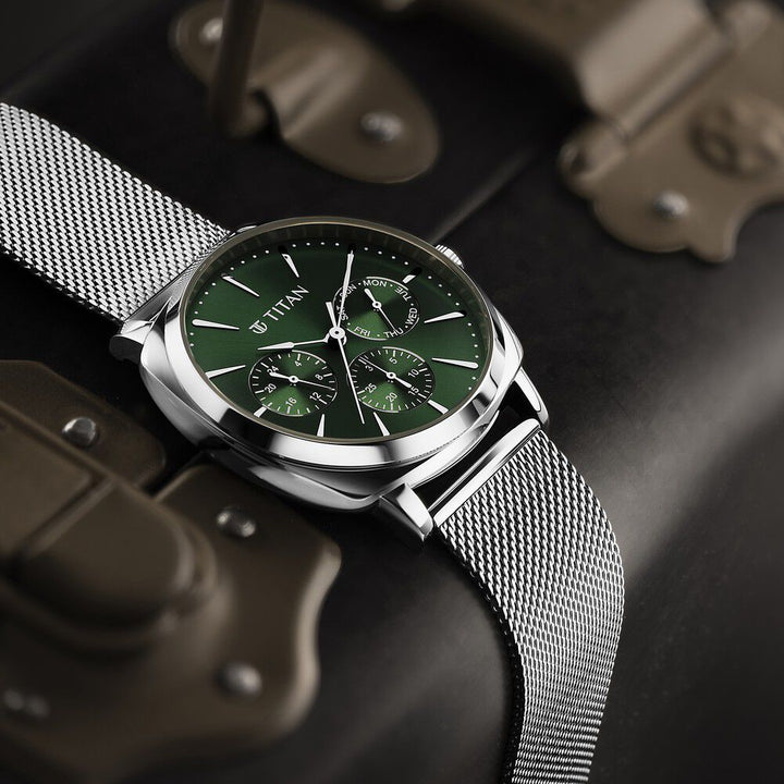 Titan Classique Suave Quartz Green Dial Silver Stainless Steel Mesh Strap Watch for Men - The Watch Factory ®