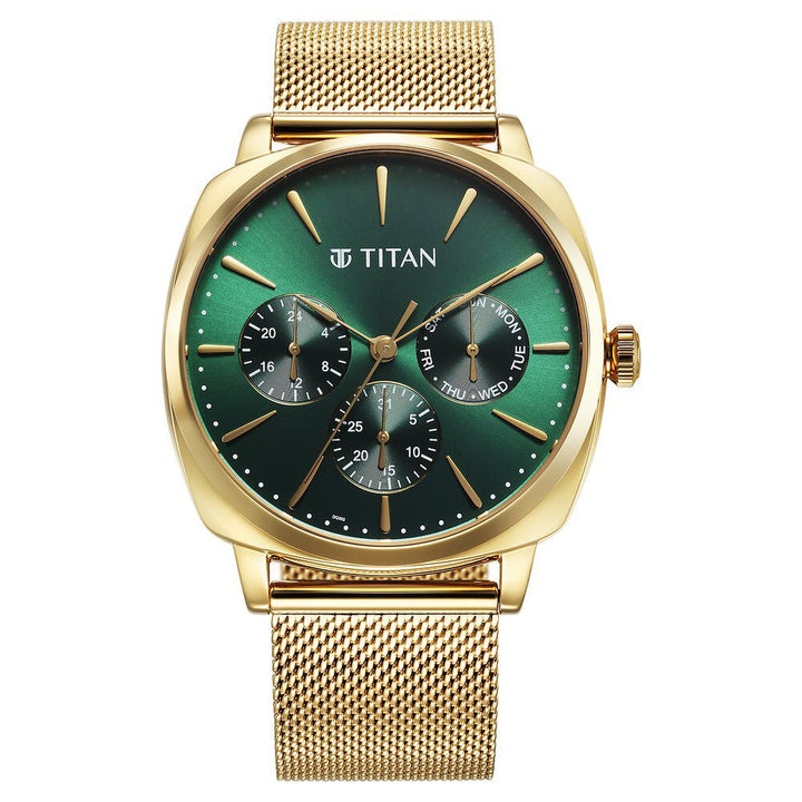 Titan Classique Suave Quartz Green Dial Golden Stainless Steel Mesh Strap Watch for Men 90189YM01