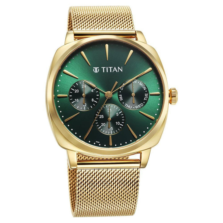 Titan Classique Suave Quartz Green Dial Golden Stainless Steel Mesh Strap Watch for Men - The Watch Factory ®