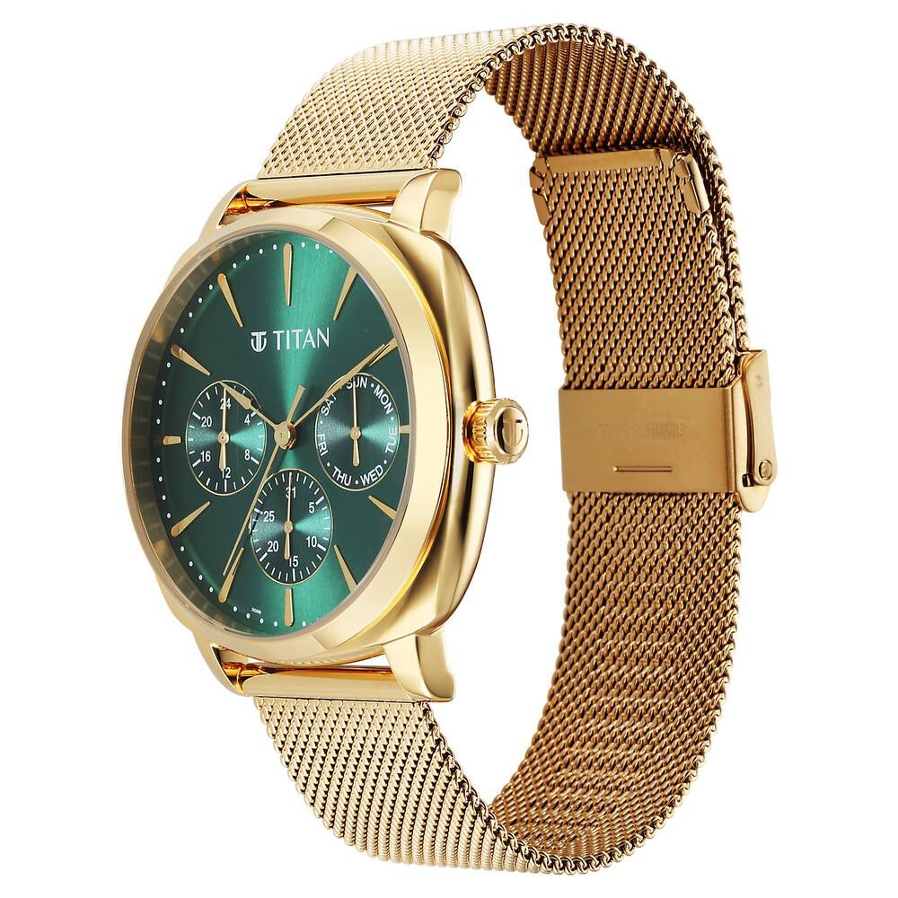Titan Classique Suave Quartz Green Dial Golden Stainless Steel Mesh Strap Watch for Men - The Watch Factory ®