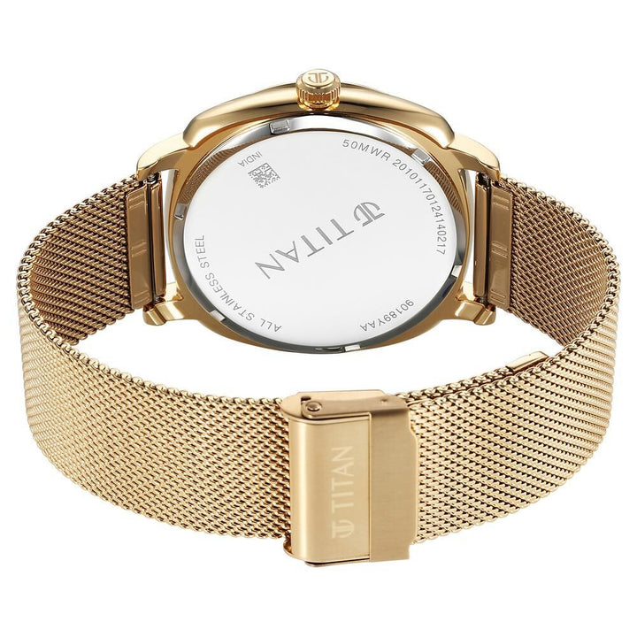 Titan Classique Suave Quartz Green Dial Golden Stainless Steel Mesh Strap Watch for Men 90189YM01