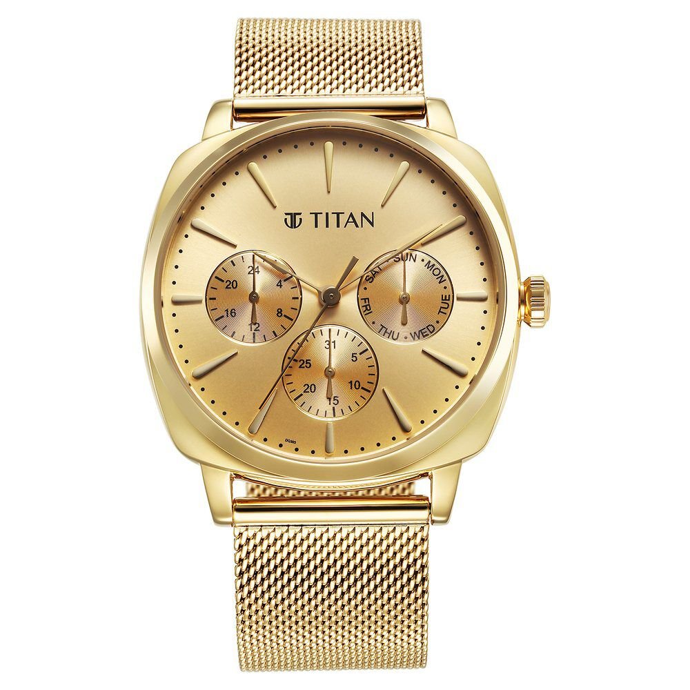 Titan Classique Suave Quartz Yellow Dial Golden Stainless Steel Mesh Strap Watch for Men - The Watch Factory ®