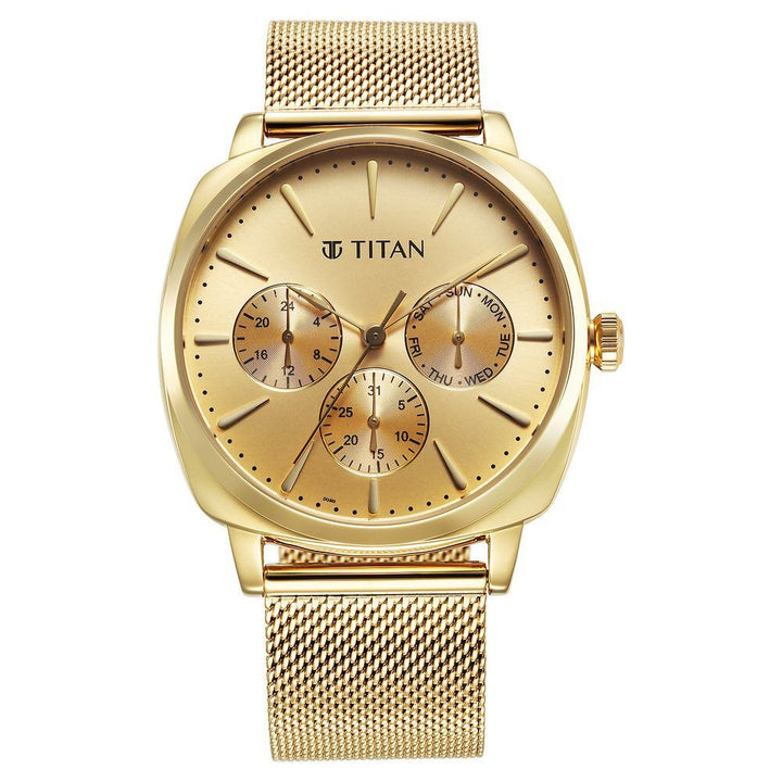 Titan Classique Suave Quartz Yellow Dial Golden Stainless Steel Mesh Strap Watch for Men - The Watch Factory ®