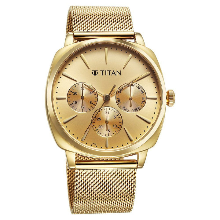 Titan Classique Suave Quartz Yellow Dial Golden Stainless Steel Mesh Strap Watch for Men - The Watch Factory ®