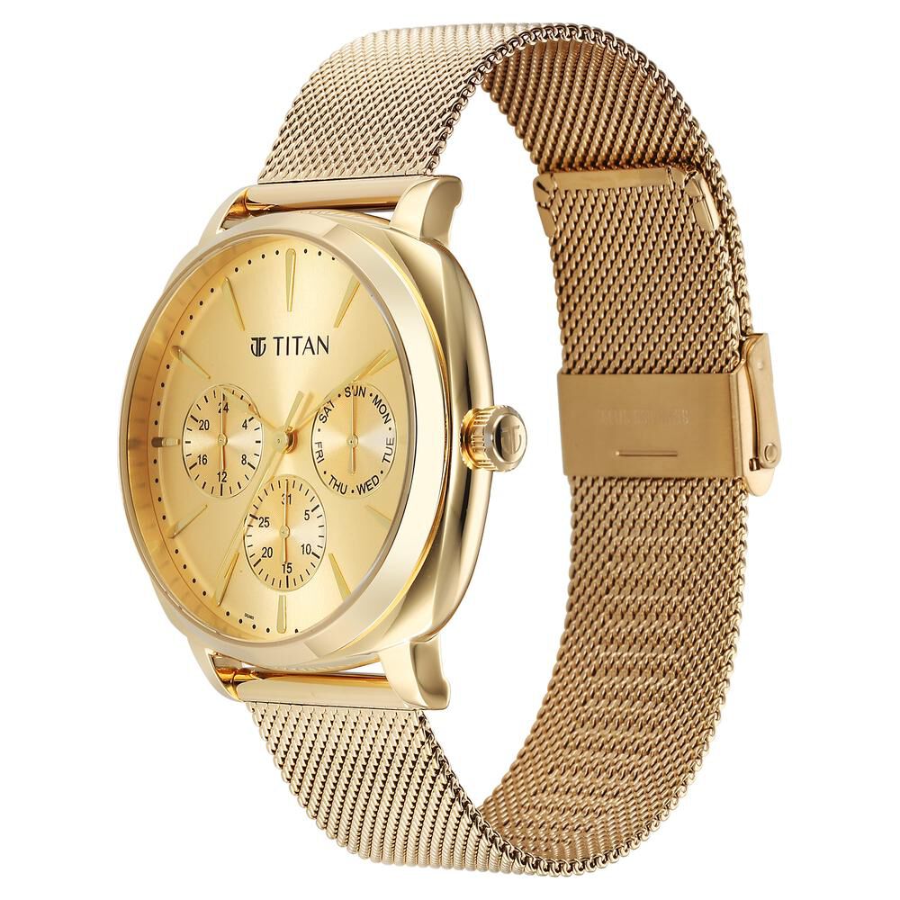 Titan Classique Suave Quartz Yellow Dial Golden Stainless Steel Mesh Strap Watch for Men - The Watch Factory ®
