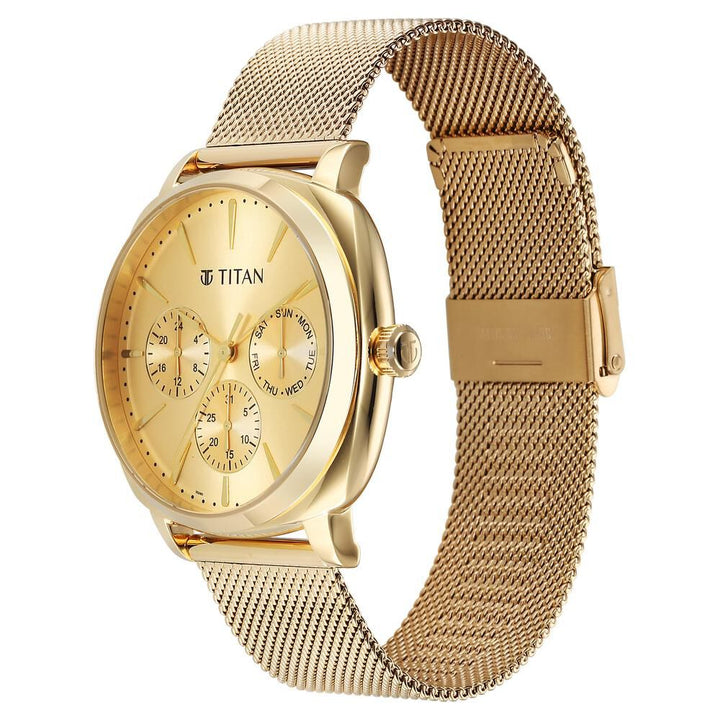 Titan Classique Suave Quartz Yellow Dial Golden Stainless Steel Mesh Strap Watch for Men - The Watch Factory ®
