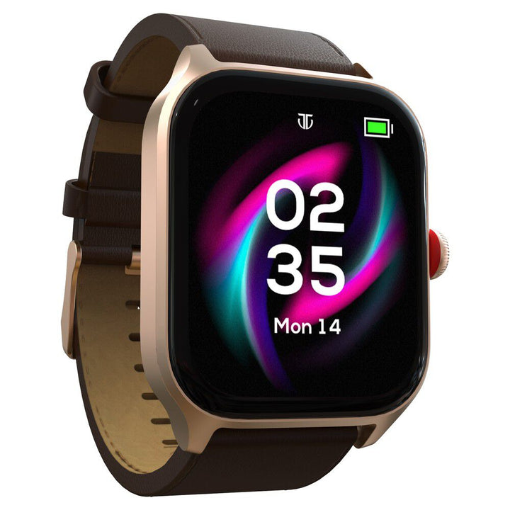 Titan Zeal With 4.69 Cm AMOLED Display With AOD, Functional Crown, BT Calling, Smartwatch With Brown Leather Strap