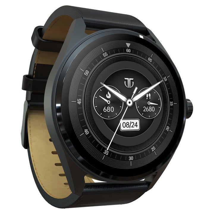 Titan Crest With 3.63 Cm AMOLED Display With AOD, Functional Crown, BT Calling Smartwatch With Black Leather Strap
