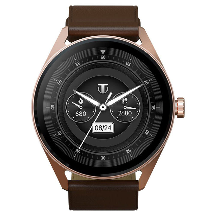 Titan Crest with 3.63 cm AMOLED Display with AOD, Functional Crown Smartwatch with Brown Leather Strap 90197AL02K