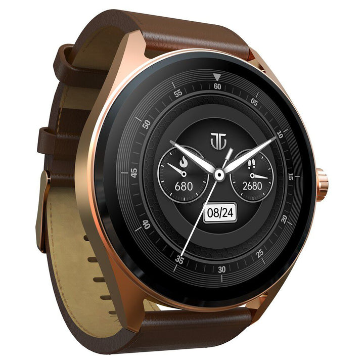Titan Crest with 3.63 cm AMOLED Display with AOD, Functional Crown Smartwatch with Brown Leather Strap 90197AL02K