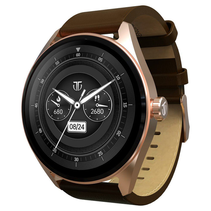 Titan Crest With 3.63 Cm AMOLED Display With AOD, Functional Crown, BT Calling Smartwatch With Brown Leather Strap