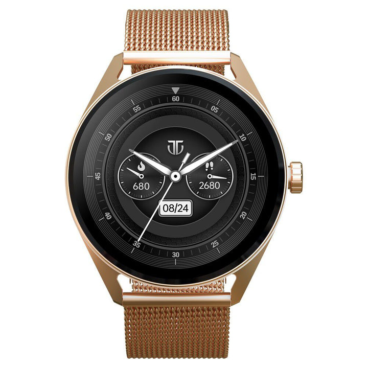 Titan Crest with 3.63 cm AMOLED Display and AOD, Functional Crown, BT Calling Smartwatch with Rose Gold Mesh Strap 90197AM02K