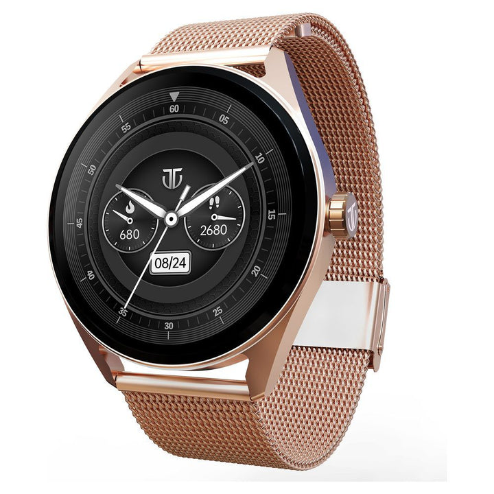Titan Crest with 3.63 cm AMOLED Display and AOD, Functional Crown, BT Calling Smartwatch with Rose Gold Mesh Strap 90197AM02K