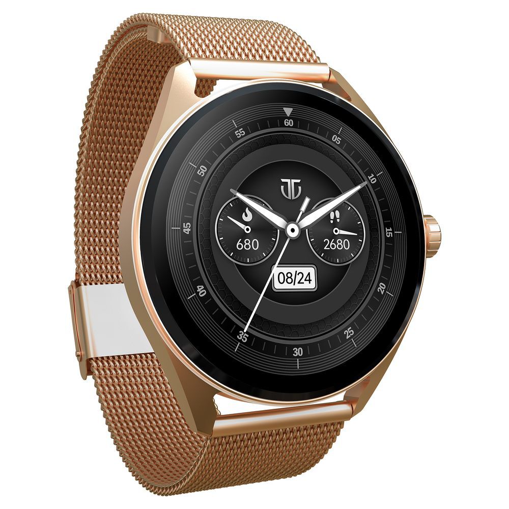 Titan Crest with 3.63 cm AMOLED Display and AOD, Functional Crown, BT Calling Smartwatch with Rose Gold Mesh Strap 90197AM02K