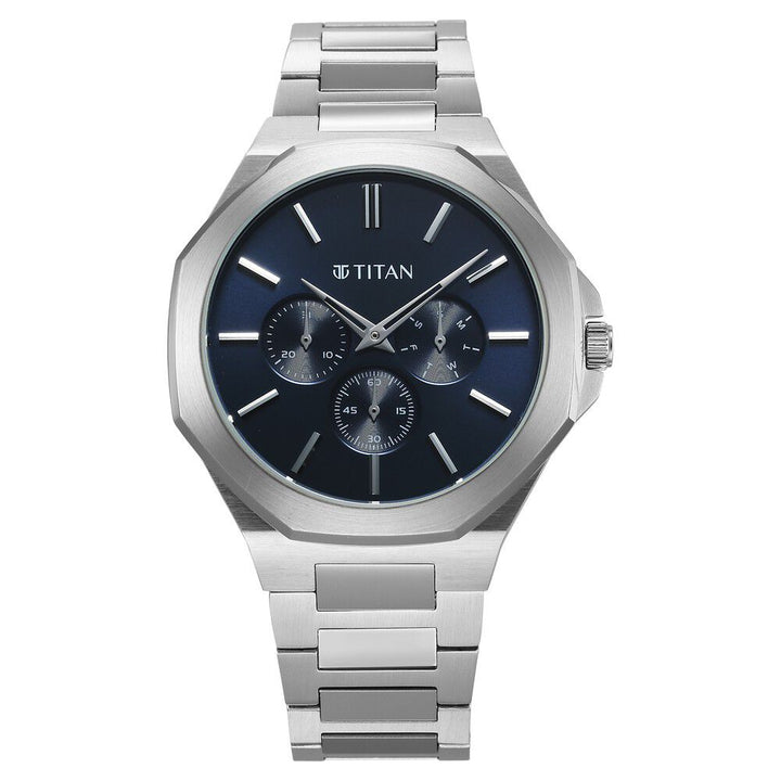 Titan Classic Slim Multifunction Quartz Multifunction Blue Dial Stainless Steel Strap Watch For Men 90198SM01