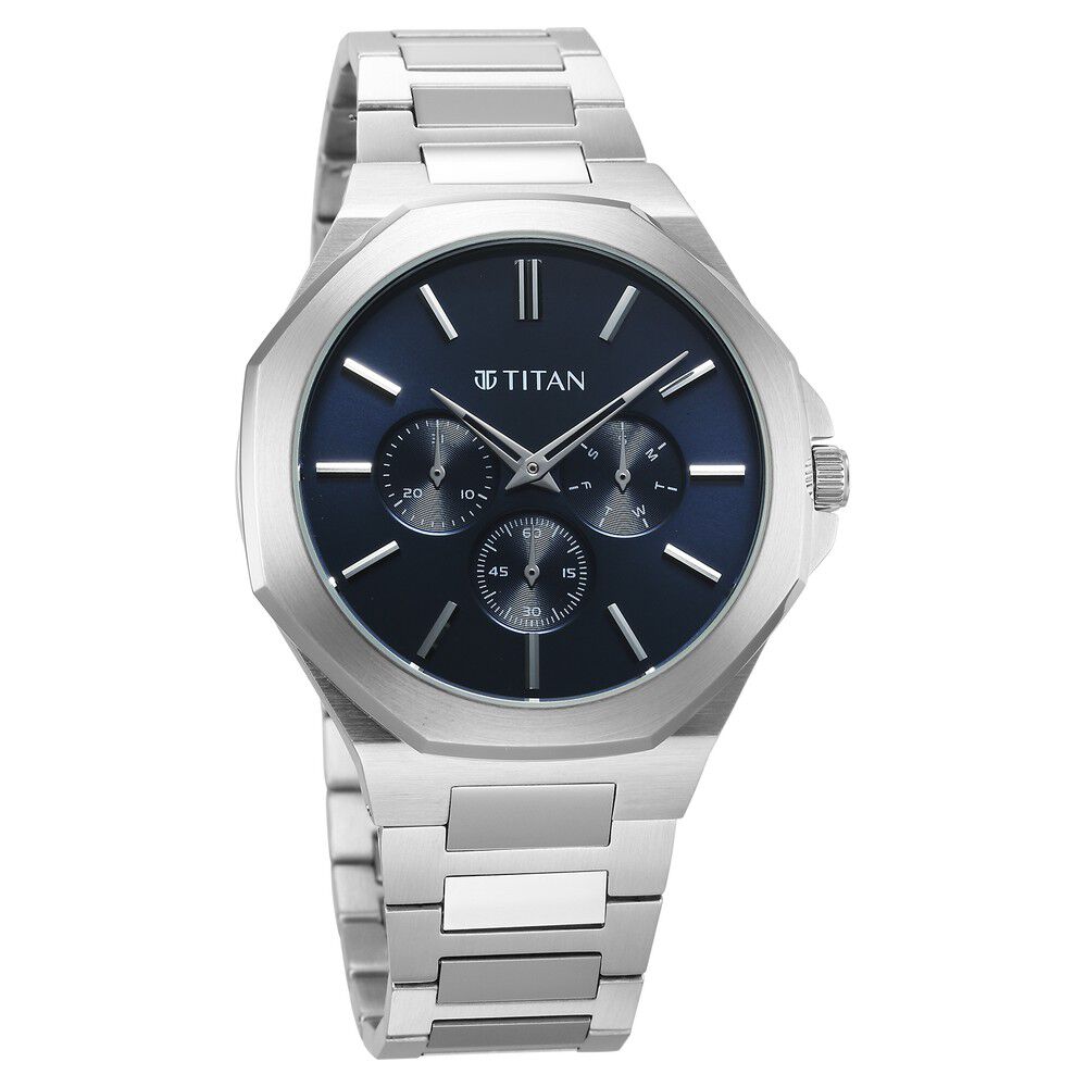 Titan Classic Slim Multifunction Quartz Multifunction Blue Dial Stainless Steel Strap Watch For Men 90198SM01