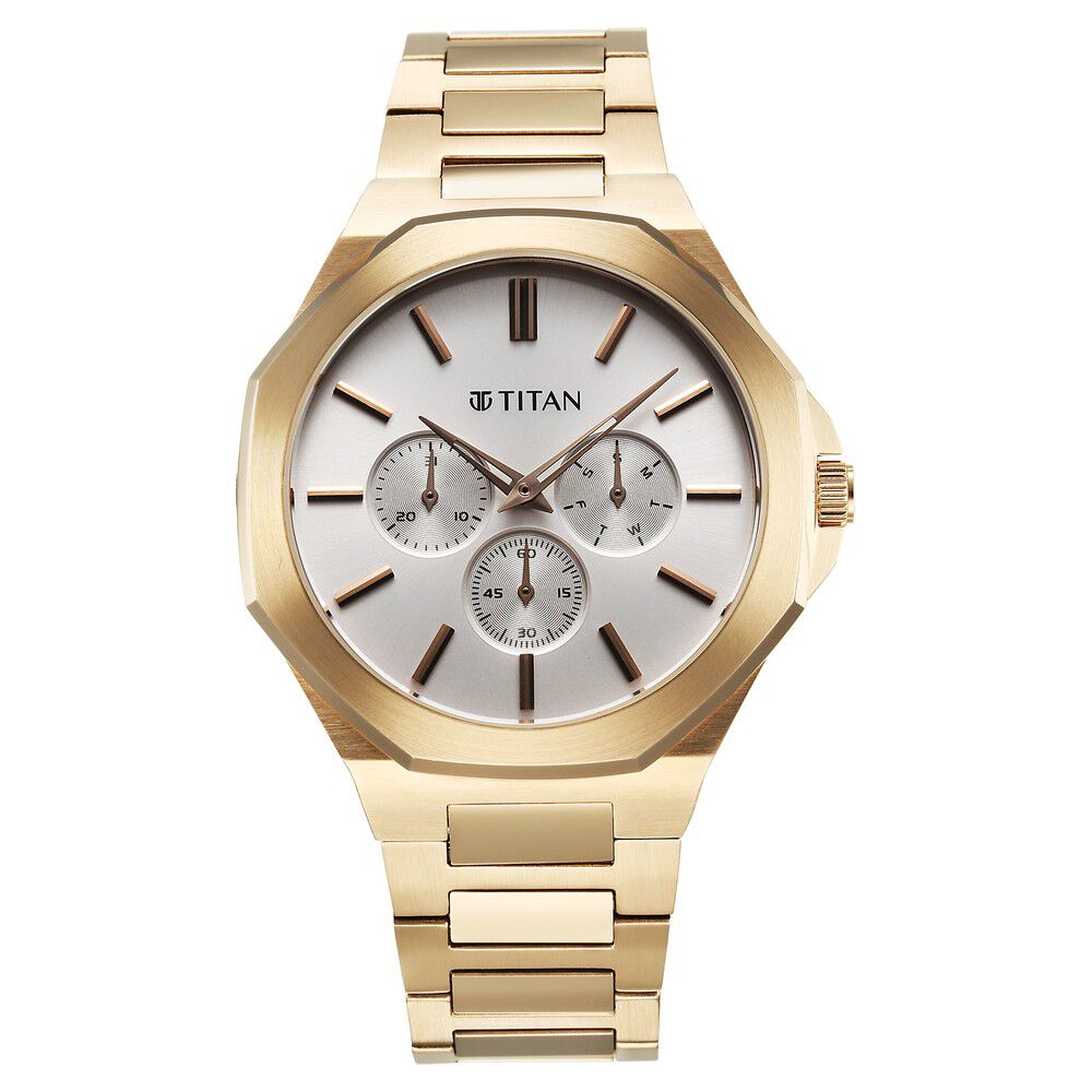 Titan Classic Slim Multifunction Multifunction Silver Dial Carnation Gold Stainless Steel Strap Watch For Men - The Watch Factory ®