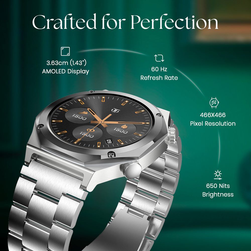 Titan Maestro Premium Metal Smartwatch with All SS construction, SingleSync BT Calling, Functional Crown 90208KM01