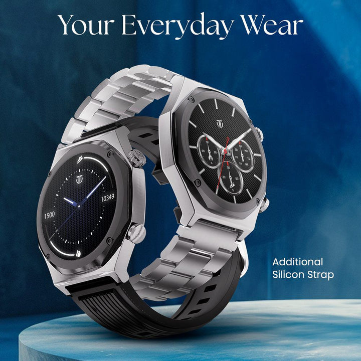 Titan Maestro Premium Metal Smartwatch with All SS construction, SingleSync BT Calling, Functional Crown 90208NM01