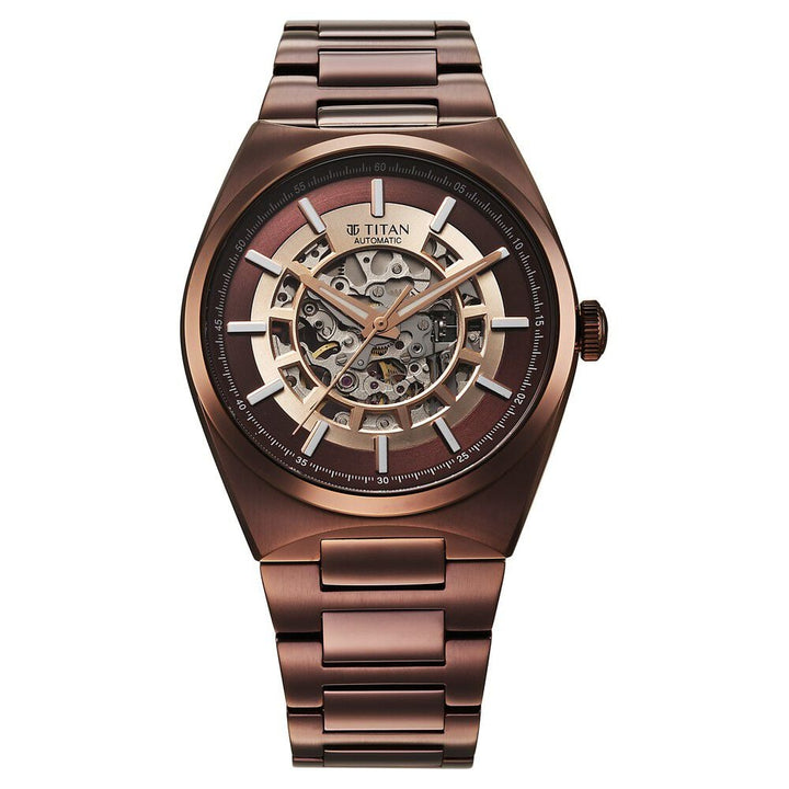 Titan Nexus Skeletal Automatic Analog with Brown Dial Brown Stainless Steel Strap Watch for Men-90221QM01