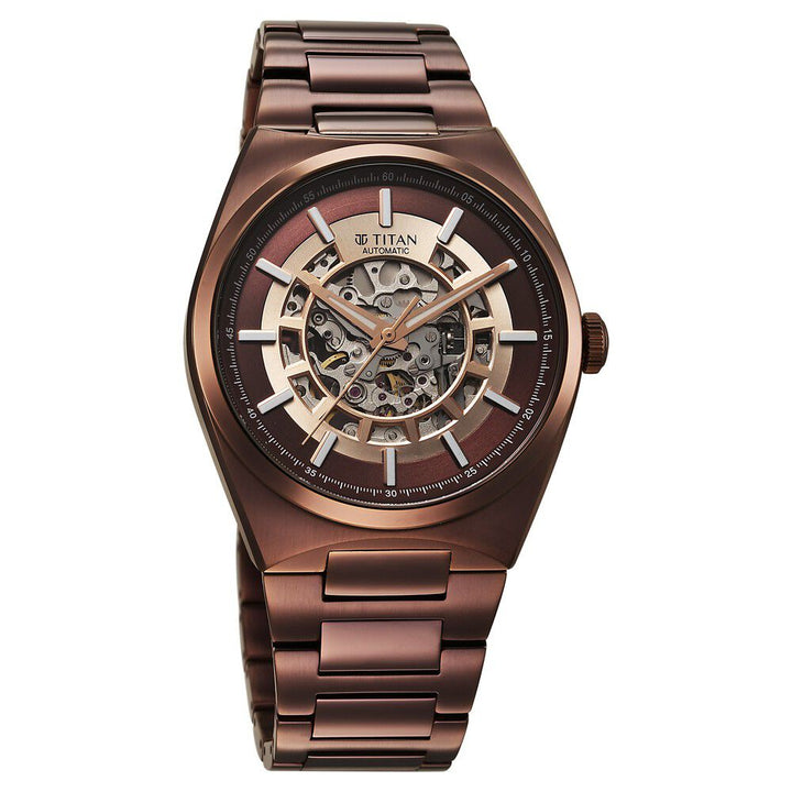 Titan Nexus Skeletal Automatic Analog with Brown Dial Brown Stainless Steel Strap Watch for Men-90221QM01