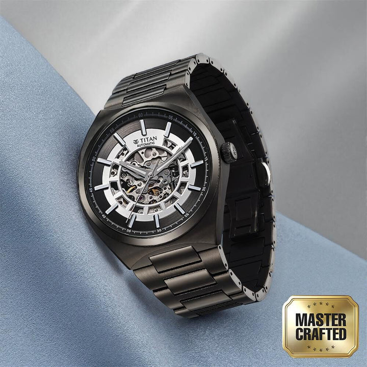 Titan Nexus Skeletal Automatic Analog with Gun Dial Gun Stainless Steel Strap Watch for Men-90221QM02