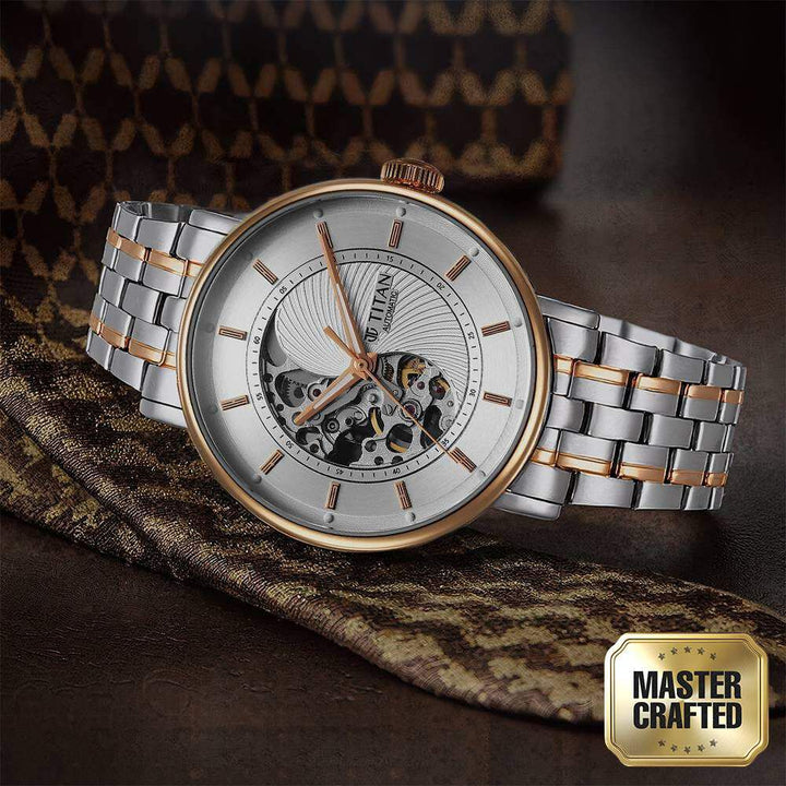 Titan Yin Yang Skeletal Automatic Analog with White Dial Silver and Rose Gold Stainless Steel Strap Watch for Men-90222KM01