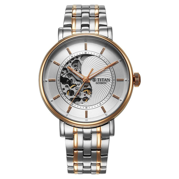 Titan Yin Yang Skeletal Automatic Analog with White Dial Silver and Rose Gold Stainless Steel Strap Watch for Men-90222KM01