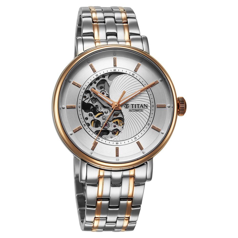 Titan Yin Yang Skeletal Automatic Analog with White Dial Silver and Rose Gold Stainless Steel Strap Watch for Men-90222KM01