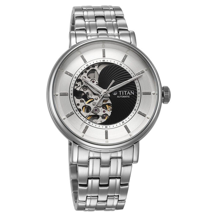 Titan Yin Yang Skeletal Automatic Analog with Black Dial Silver Stainless Steel Strap Watch for Men-90222SM01