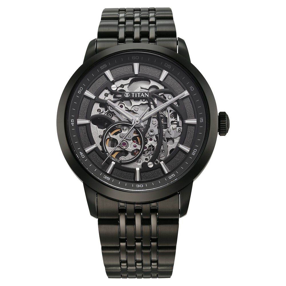 Titan Phoenix Skeletal Automatic Analog with Gun Dial Black Stainless Steel Strap Watch for Men-90223NM01