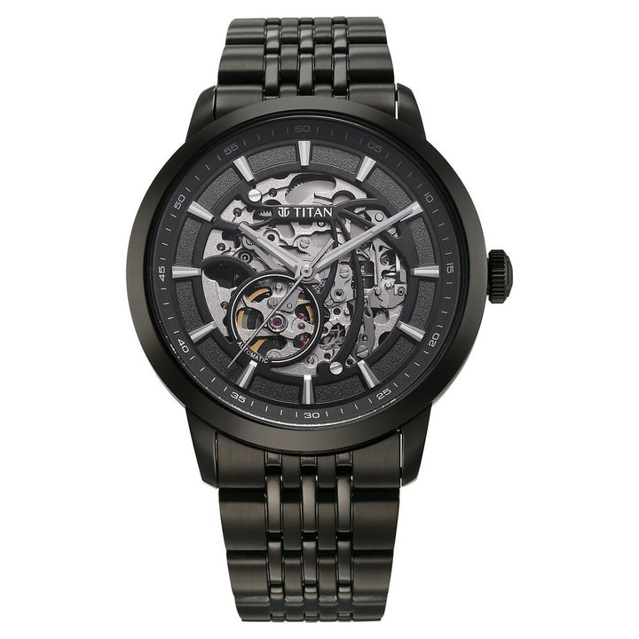 Titan Phoenix Skeletal Automatic Analog with Gun Dial Black Stainless Steel Strap Watch for Men-90223NM01