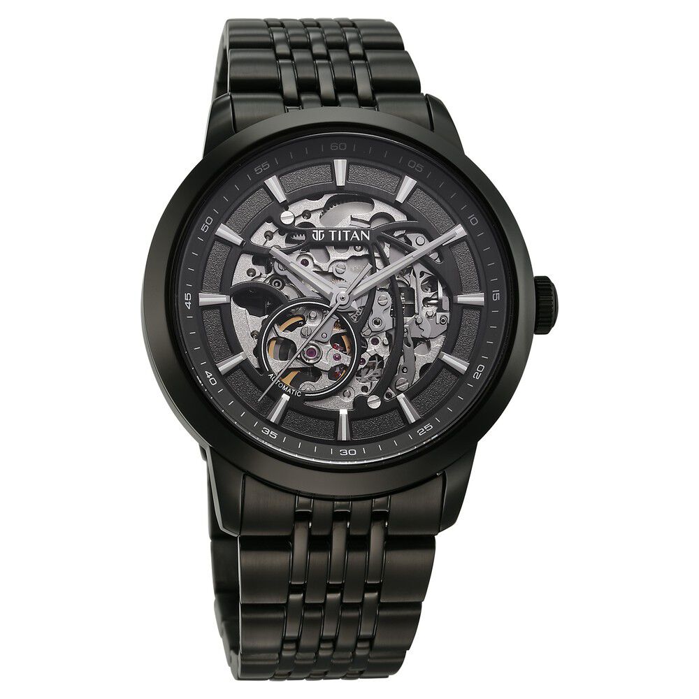 Titan Phoenix Skeletal Automatic Analog with Gun Dial Black Stainless Steel Strap Watch for Men-90223NM01