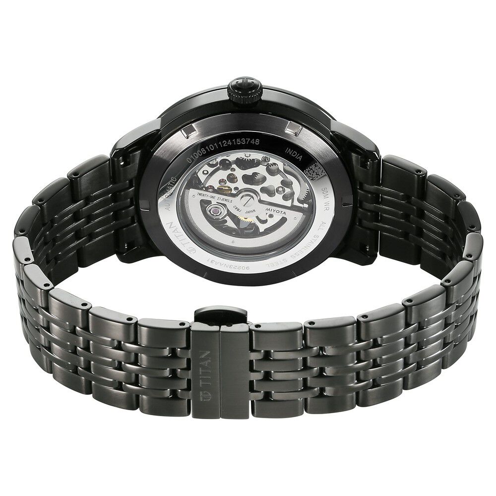 Titan Phoenix Skeletal Automatic Analog with Gun Dial Black Stainless Steel Strap Watch for Men-90223NM01
