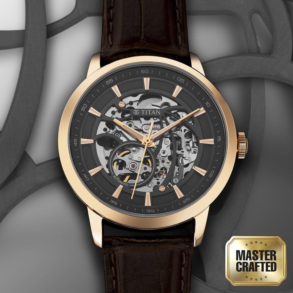 Titan Phoenix Skeletal Automatic Analog with Gun Dial Brown Leather Strap Watch for Men-90223WL01